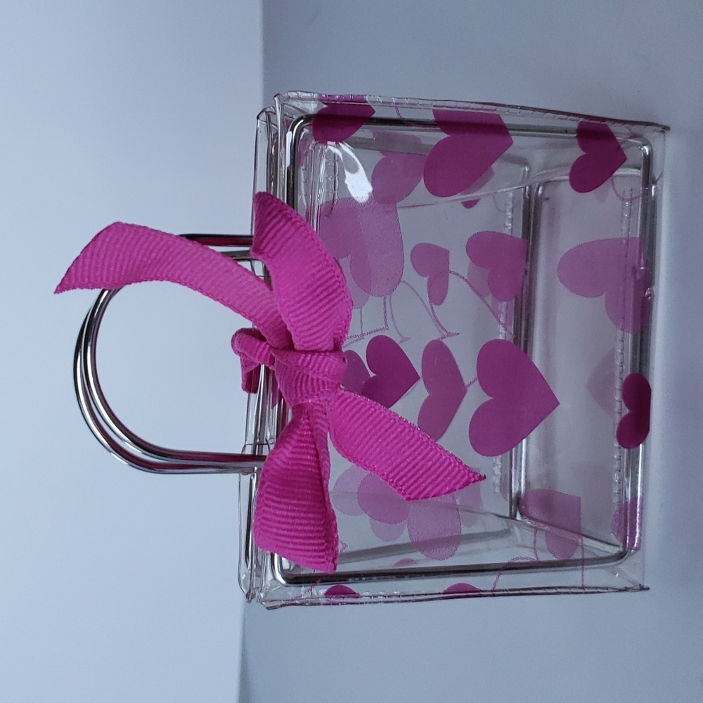 💗💜Mini plastic purse whit purple & lilac hearts, pink tie, silver handles💗💜